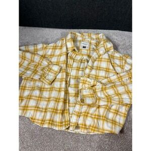 American Eagle Cropped Flannel Shirt Women's XL Yellow Plaid Cotton Y2K Distress